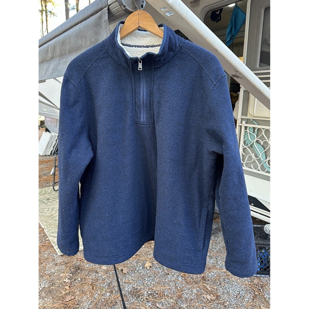 ORVIS BRIGHTON Sherpa Fleece Pullover Sweater XL Blue 1/4 ZIP Textured Knit